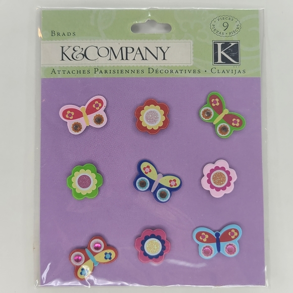 K&Company Brads Butterfly and Flowers Brads 9 pcs Bugs Spring Summer Brads - Picture 2 of 8